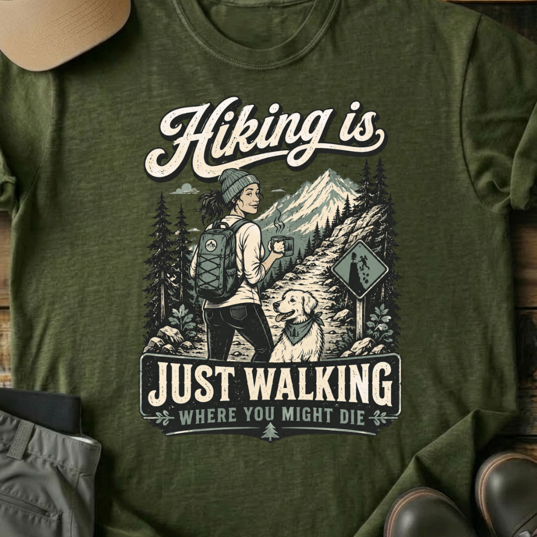 Printify T-Shirt Military Green / S Hiking Is Just Walking T-Shirt Hiking Is Just Walking T-Shirt