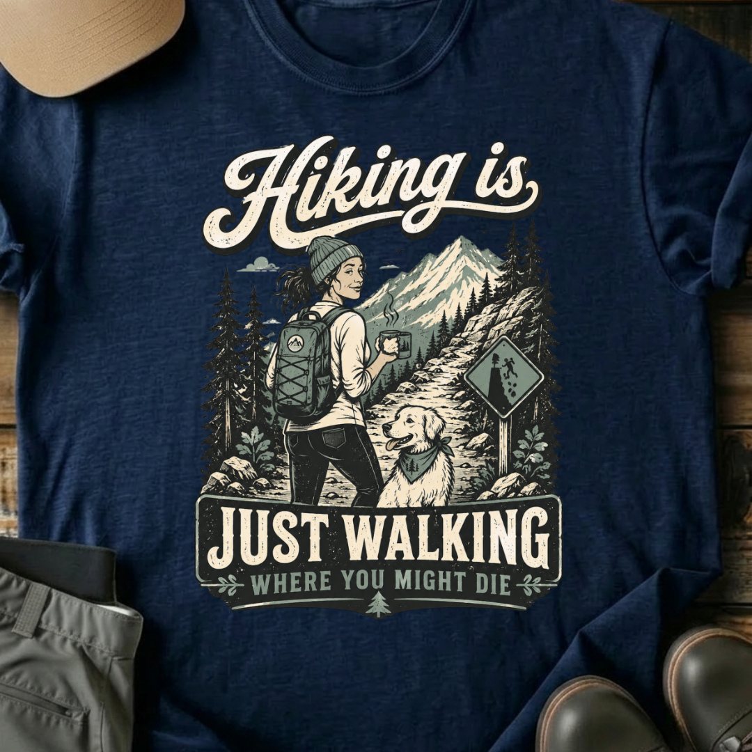 Printify T-Shirt Navy / XS Hiking Is Just Walking T-Shirt Hiking Is Just Walking T-Shirt