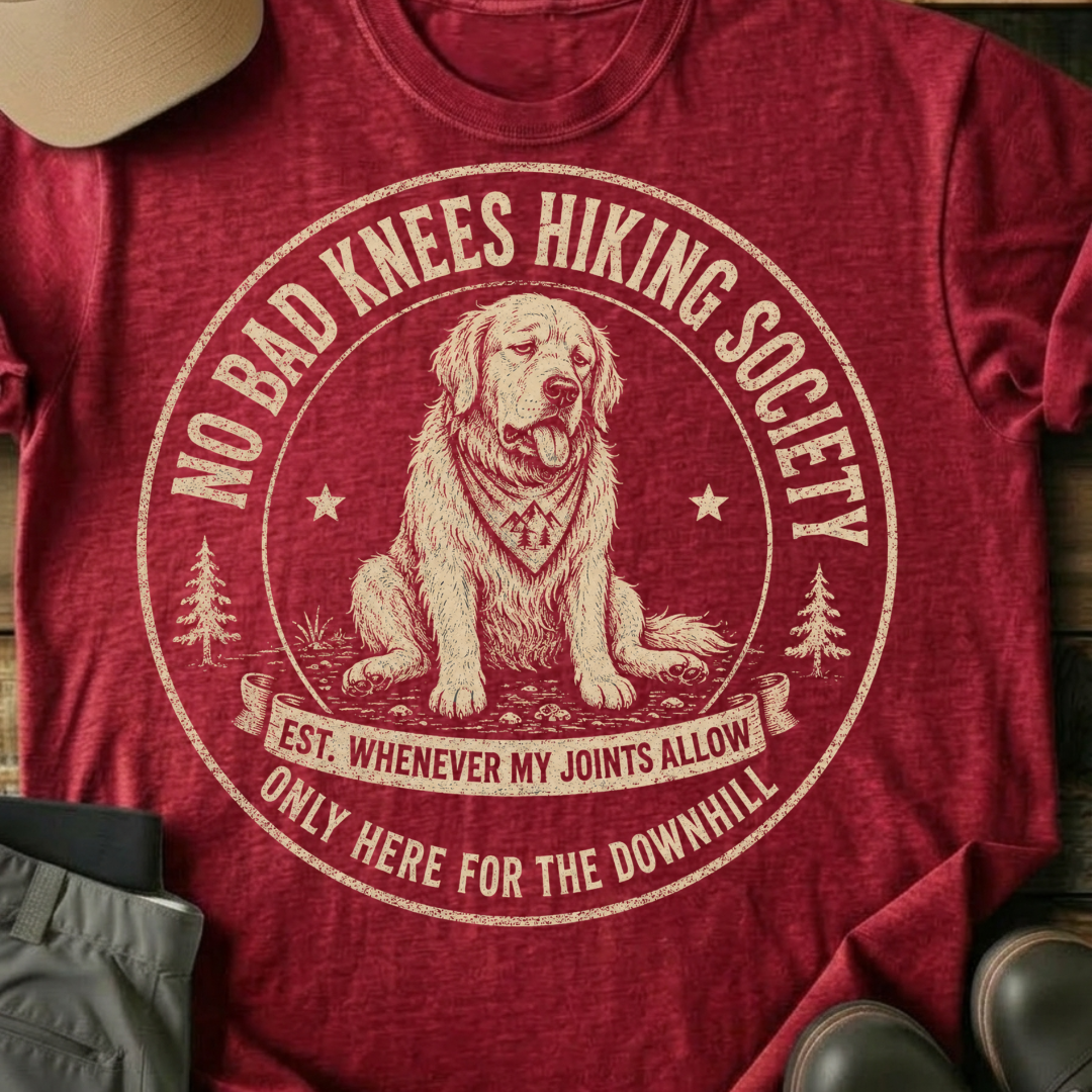 Printify T-Shirt Red / XS No Bad Knees Hiking Society T-Shirt No Bad Knees Hiking Society T-Shirt