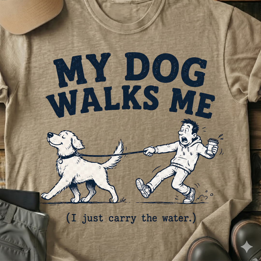 Printify T-Shirt Sand / S “My Dog Walks Me (I Just Carry the Water)” Funny Pet Tee “My Dog Walks Me (I Just Carry the Water)” Funny Pet Tee